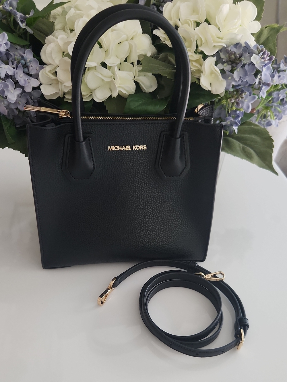 Michael Kors Black Pebbled Leather Top-Handle Tote with Gold Hardware